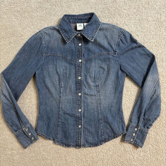 Armani exchange denim Pearl Snap Button Up Shirt Top Blue Small‎  Western - Picture 1 of 7
